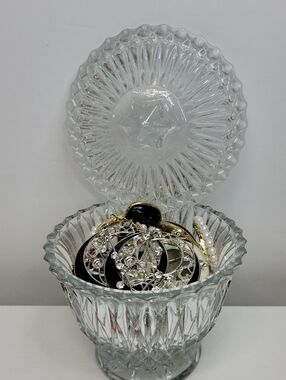 Clear Cut Glass Trinket Jar with Lid Filled With Earrings